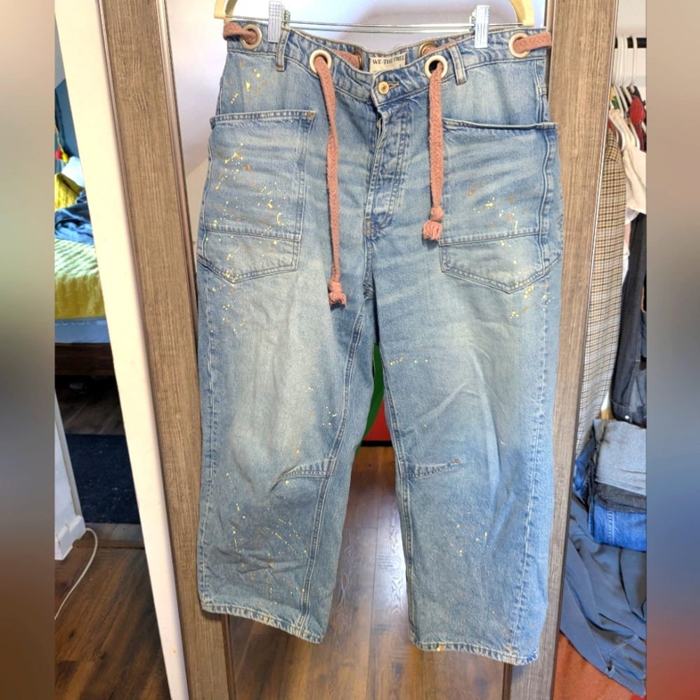 Free People Moxie Barrel Paint Splatter Jeans 31